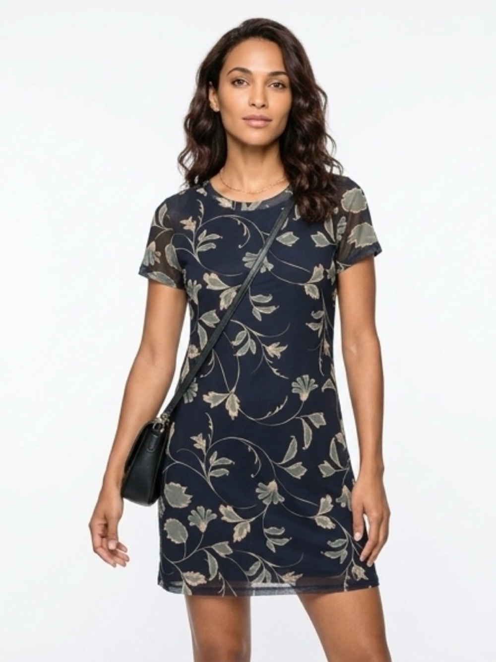 Sanctuary Navy Floral Mesh Shift Dress with Beige Leaf Motif